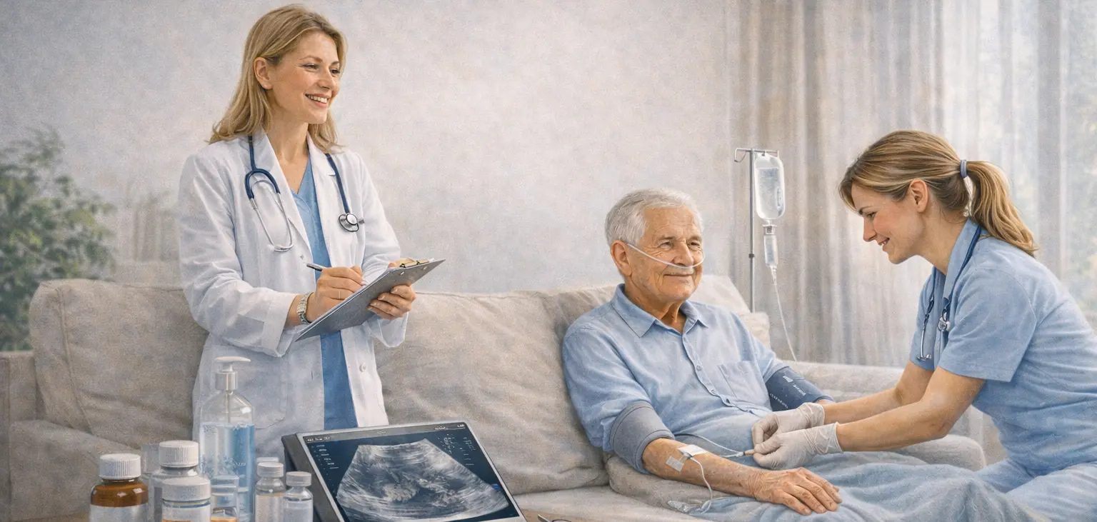 Медицинское сопровождение пациента на дому с участием врача и медсестры.
.
