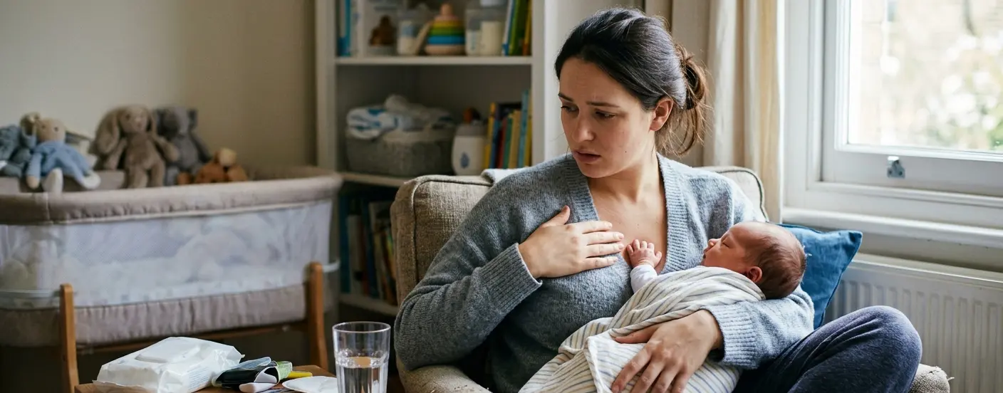 Мама с новорождённым переживает из-за отсутствия молока после родов.
